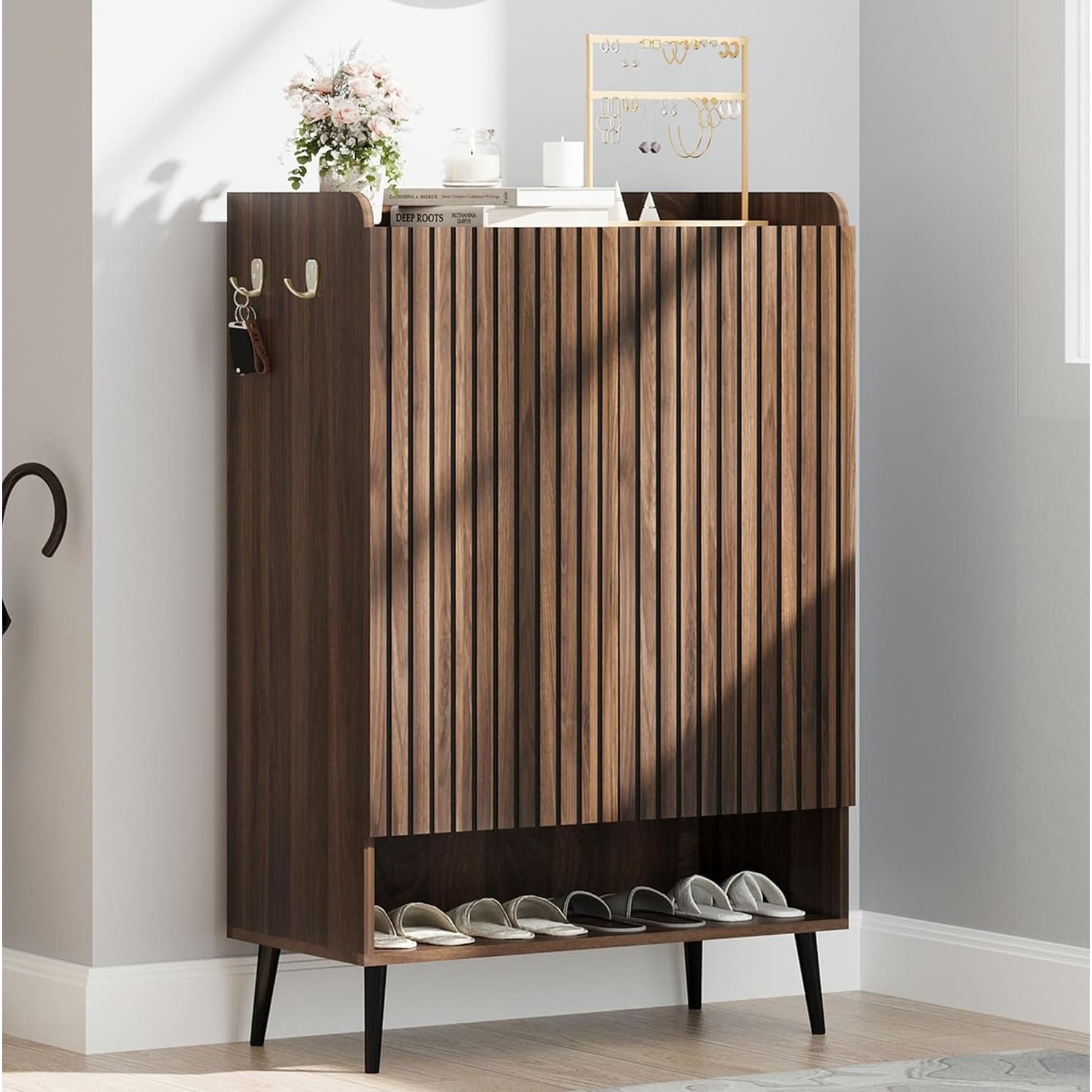 29.5 Inch Shoe Storage Cabinet with Fluted Doors Adjustable Shelves