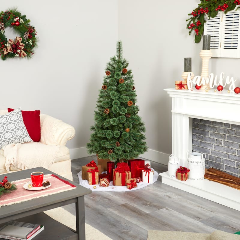 5Ft Artificial Christmas Tree with Lights - White Pine Holiday Decor, Pre-Lit Tree, Festive Holiday Tree - Green - 50