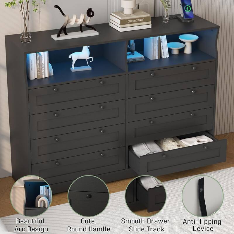 Modern Wood Dresser with 8 Drawers, Bedroom Dresser with Charging Station & LED Lights - Black