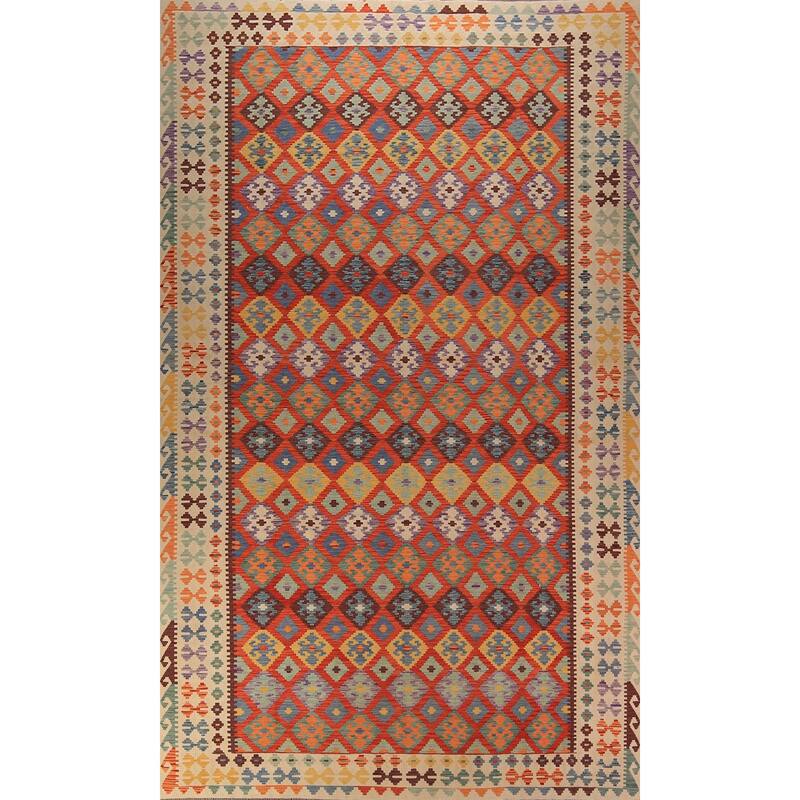 Orange Trellis Kilim Oriental Area Rug Hand-Woven Wool Carpet - 6'2" x 9'10"