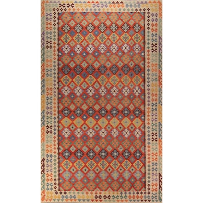 Orange Trellis Kilim Oriental Area Rug Hand-Woven Wool Carpet - 6'2" x 9'10"