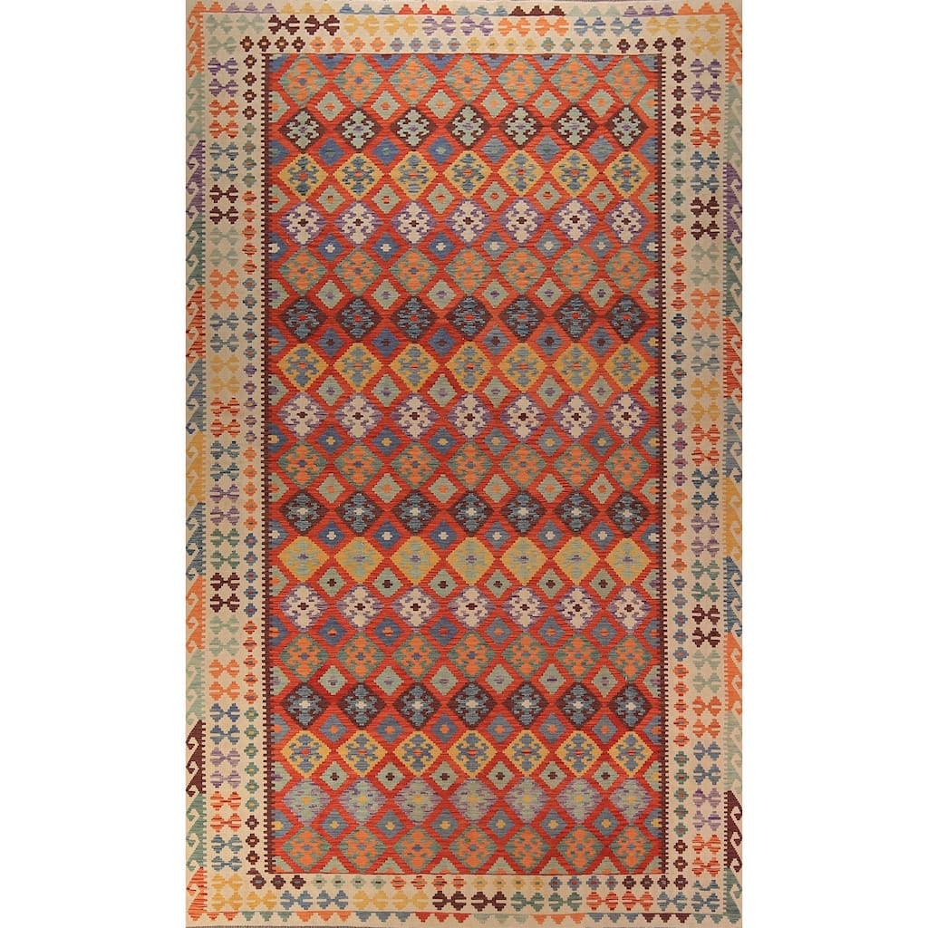 Orange Trellis Kilim Oriental Area Rug Hand-Woven Wool Carpet - 6'2" x 9'10"