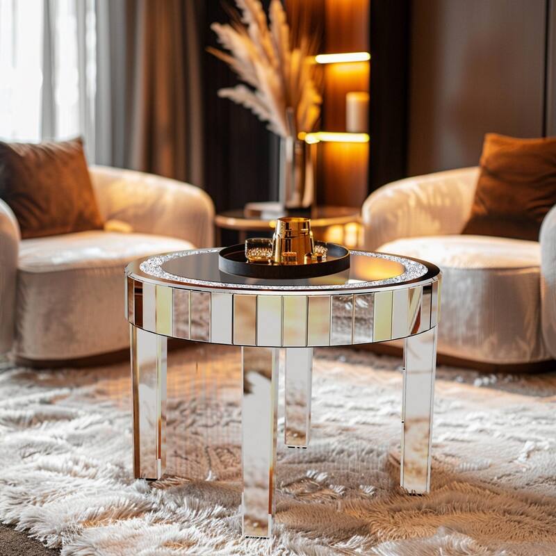 Silver Crushed Crystal Side Coffee Table Crystals Inlay Mirrored Table - 24"x20"