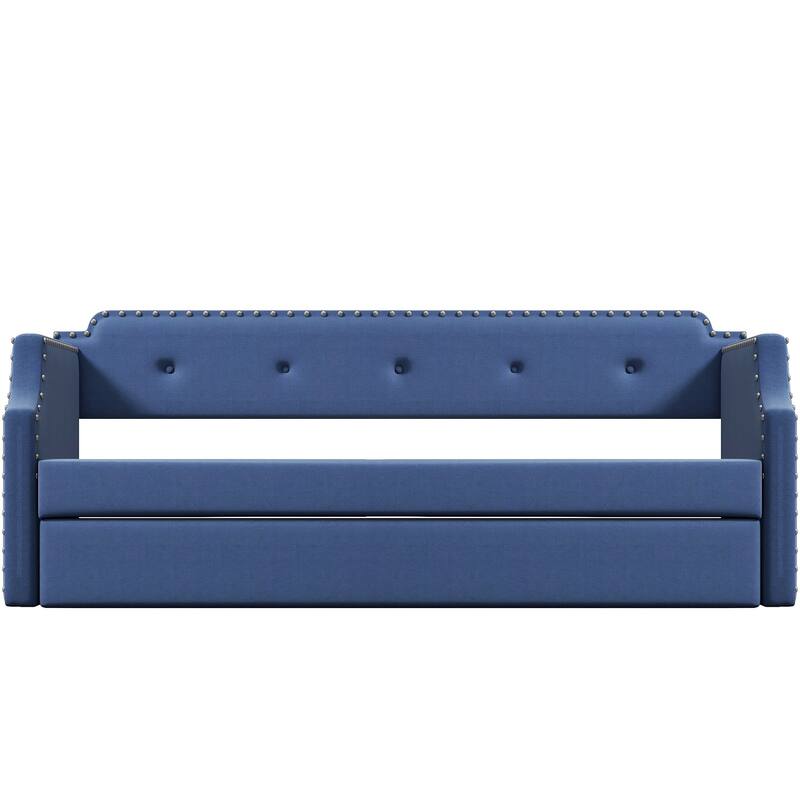 Twin Upholstered Daybed with Trundle and Nailhead Trim, Wood Slat Support