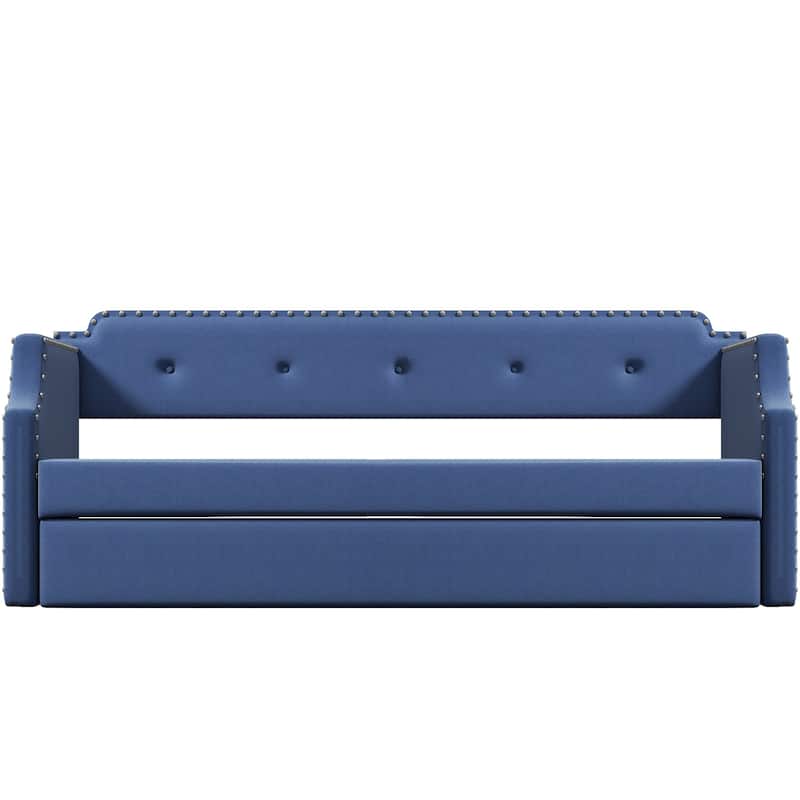 Upholstered Daybed With Trundle, Wood Slat Support,Upholstered Frame Sofa Bed