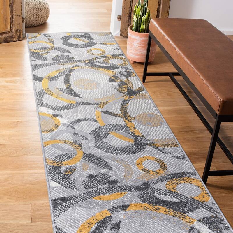 World Rug Gallery Distressed Modern Circles Area Rug - 2' x 7' - Yellow - Runner