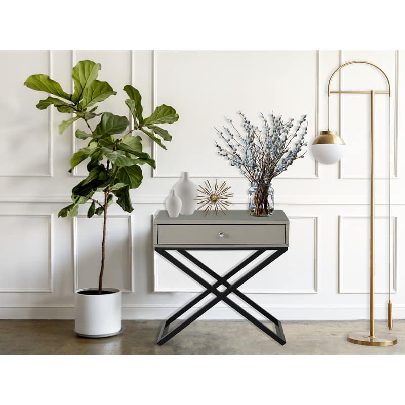 Taupe Wooden Nightstand with Glass Top and Metal Cross Base