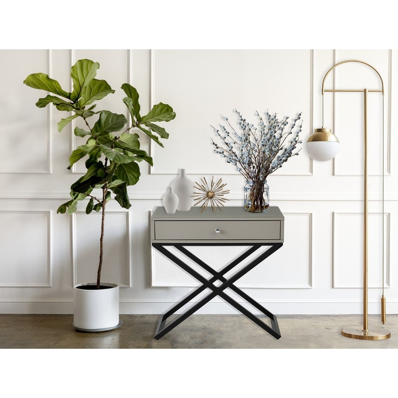 Taupe Wooden Nightstand with Glass Top and Metal Cross Base