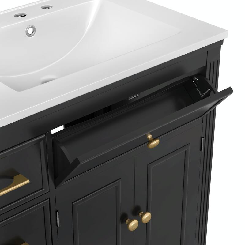 36" Bathroom Vanity with Sink, Ceramic Sink, One Tip-out Drawer, 3 Side Drawers