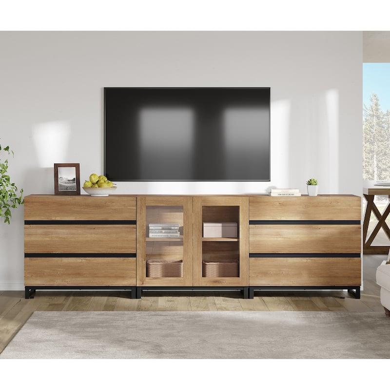 3 In 1 TV Stand for Tvs Up to 100 Inch, Modern TV Console with Glass Doors and 6 Drawers, Entertainment Center for Living Room