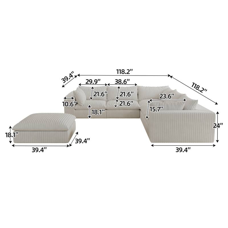 118.2" White Corduroy Fabric Sofa with Double-layer Design and Removable Cushion