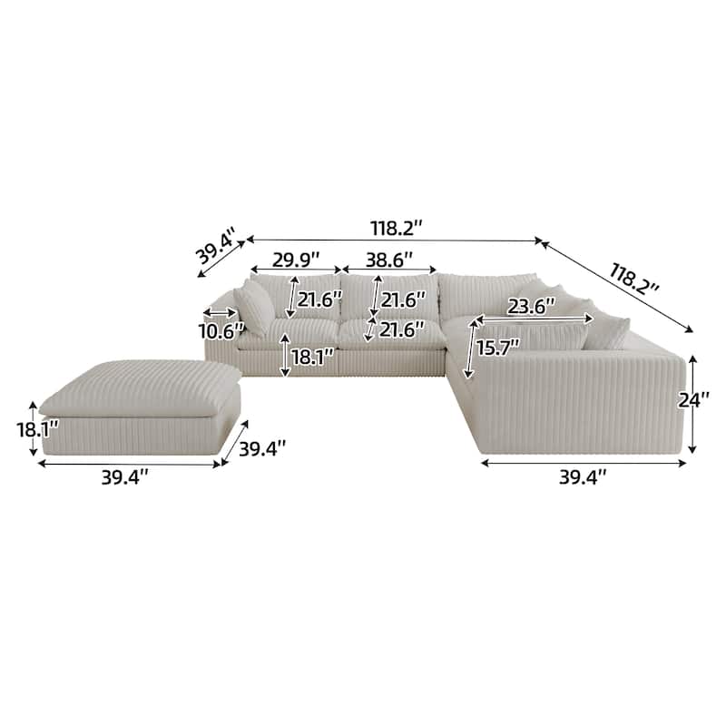 Modular Deep Seat Corner Sofa Corduroy Upholstered L-shaped Sectional Couch with Ottoman and Double-layer Seat Cushions