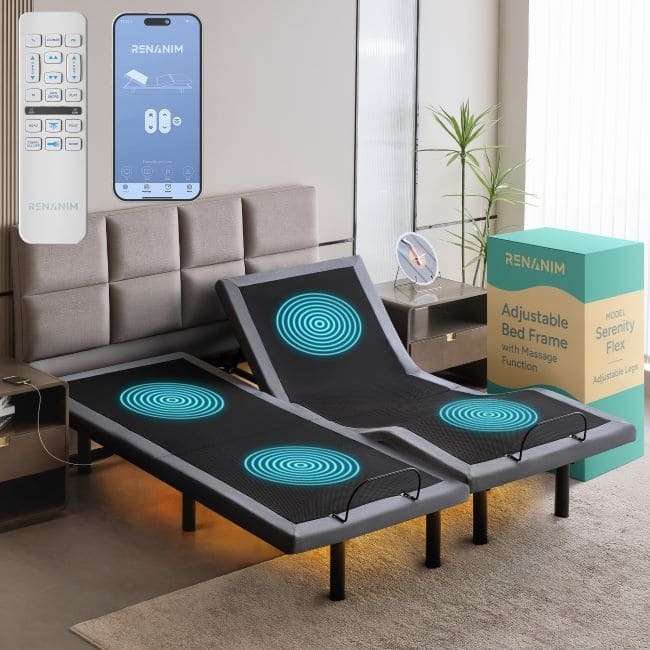 Renanim SF Adjustable Bed Frame, Dual Massage, USB, Underbed Light, App Control, Head and Foot Incline, Reclining Base - Split King