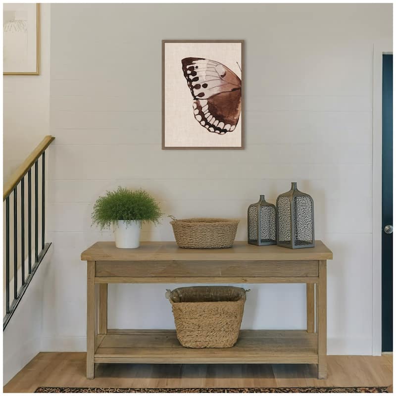 Kate and Laurel Sylvie Retro Butterfly Watercolor Diptych Neutral Burlap Left Framed Canvas by The Creative Bunch Studio