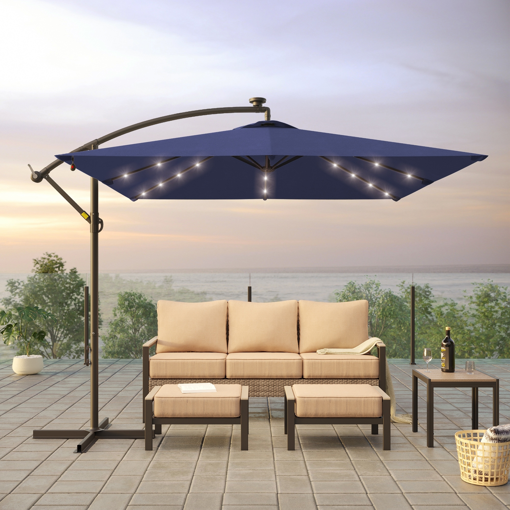 east end patio offset umbrella 10 ft Double Roof Square Cantilever  Oak with a champagne Offset Hanging Patio Umbrella -