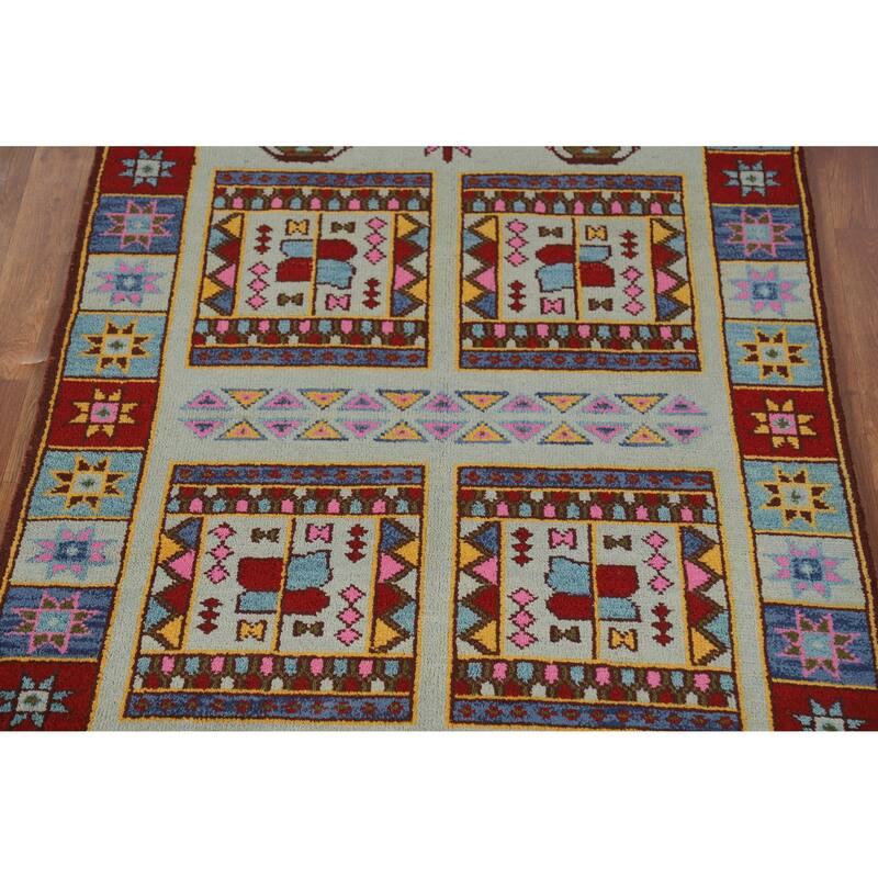 Hand Knotted Oriental 100% Wool Carpet Traditional Tribal Navy Blue & Blues Heriz (serapi) Runner Rug - 9' 7'' X 3' 10''
