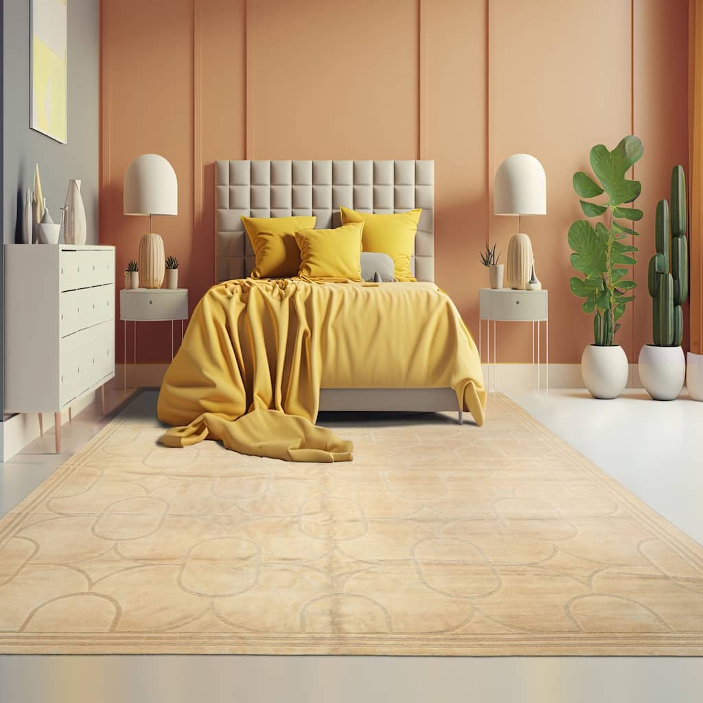 9'10''x13'10'' Tibetano Hand Knotted Wool & Linen Ivory Tibetan Art Deco Rug - 9' 10'' x 13' 10''