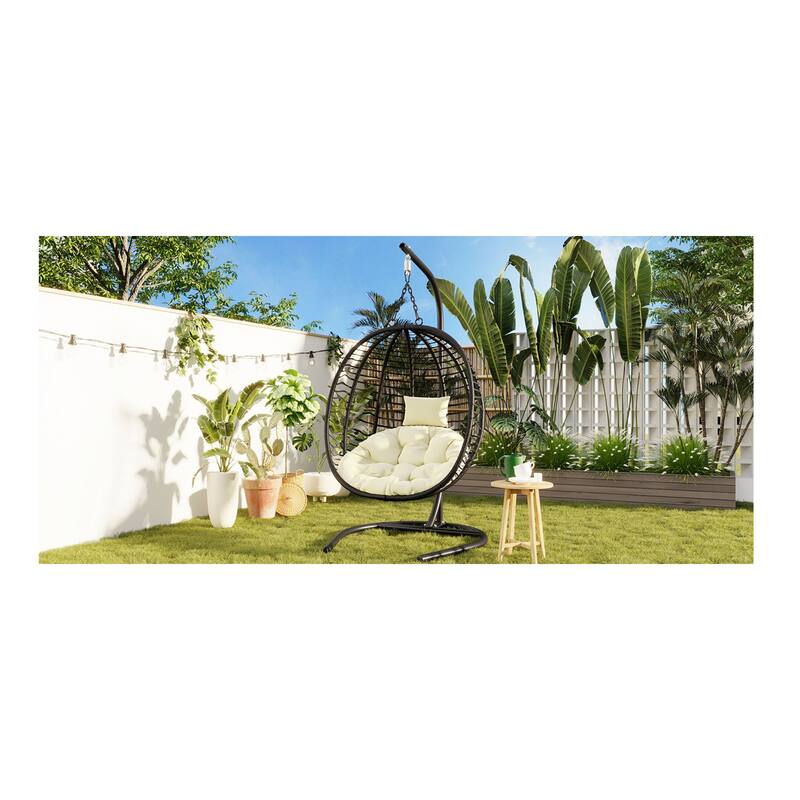 Roomfitters Single Person Folding Egg Chair with Stand, UV Resistant Wicker Rattan Swing for Patio, Garden