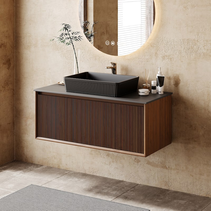 Modern 35.4" Single Bathroom Vanities,Floating Vanitiy with White Table top - Brown Wood