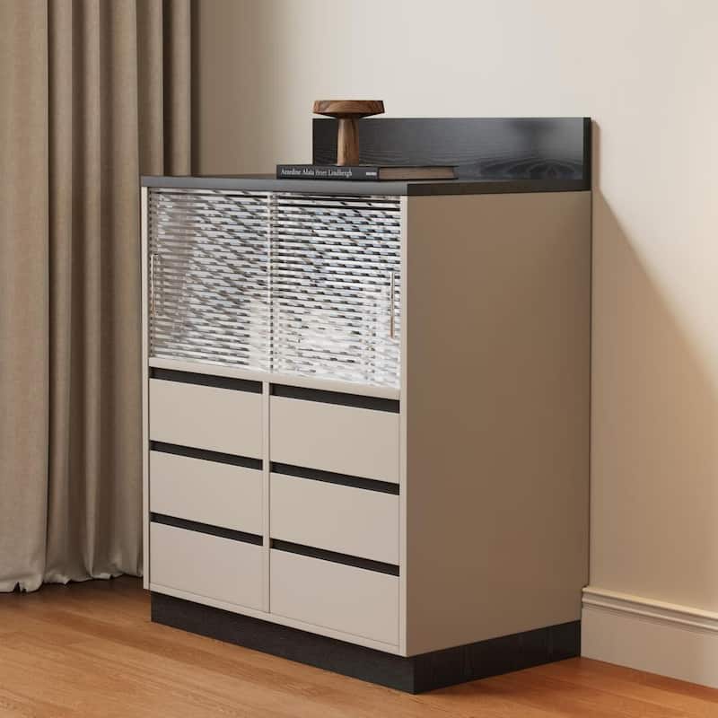 Modern 6-Drawer Storage Cabinet with Wavy Design and Black Wood-Grain Desktop