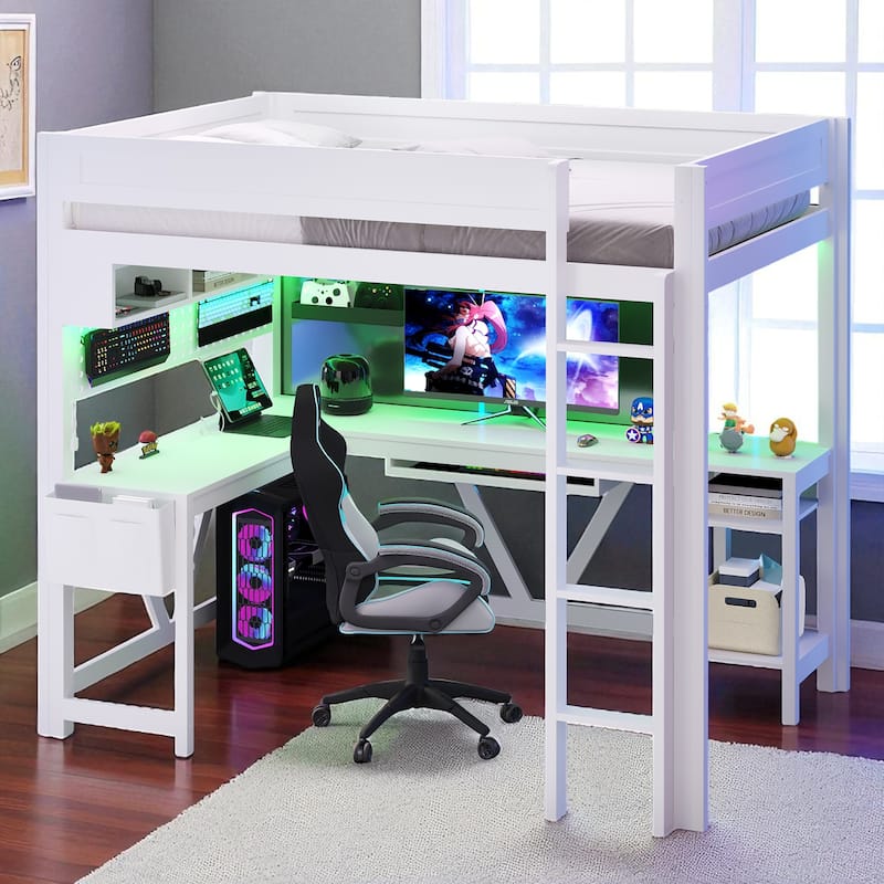 Full Size Wood Gaming Loft Bed with Desk, LED Shelves, Charging Station, Storage Shelf and Guardrails - White - Full