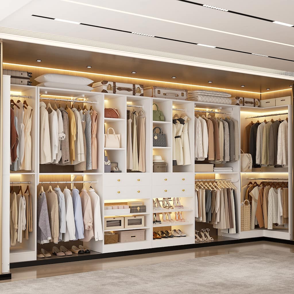 Set of 4 U-Shaped Closet Organizer System with Wood Drawers, Amoire Wardrobe with Shoe Racks