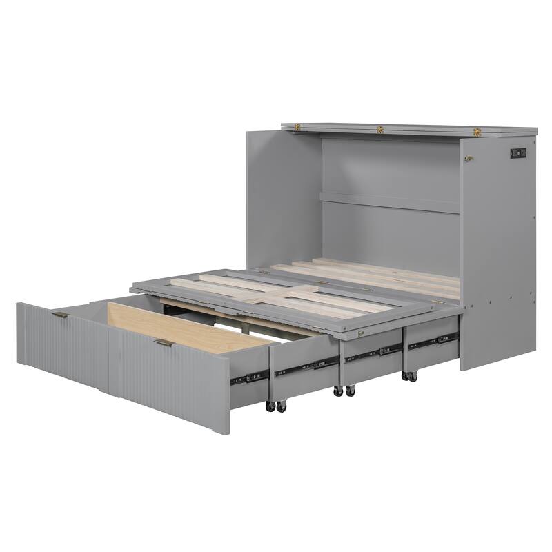 Space-Saving Queen Size Murphy Bed with Drawer, USB Ports, and Pulley Mechanism, Convertible Wall Bed with Flexible Slats