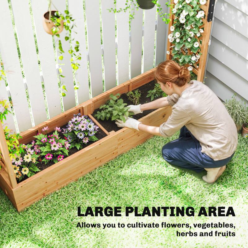 Outsunny Raised Garden Bed with Trellis, Wooden Planter Box with Hanging Roof and Drainage Holes, 77.2" x 17.3" x 71.3", Natural