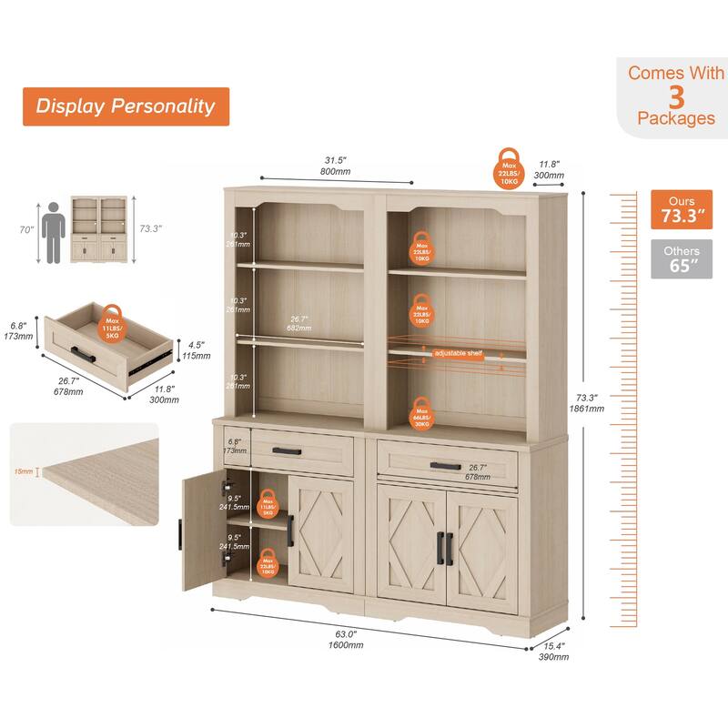 5 Tier Bookcase with Barn Door,73.3" Tall Open Storage Bookshelf