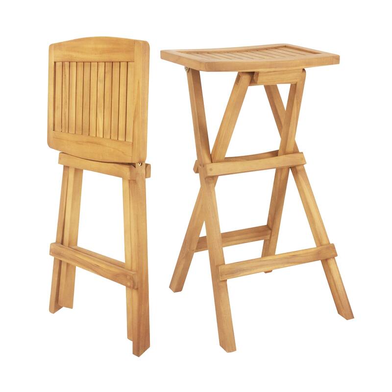 Set of 2 Teak Wood Outdoor Folding Counter Height Bar Stools with Backless Design for Kitchen - 17" x 16" x 29"