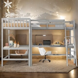 Twin L-Shaped Loft Bed with Desks, Gray