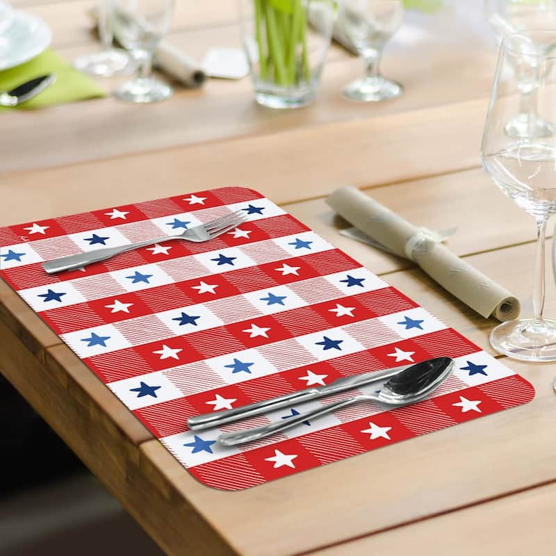 Patrioitic Picnic 4 Pack Reversible Easy Care Flexible Plastic Placemats Made in The USA BPA Free Easily Wipes Clean