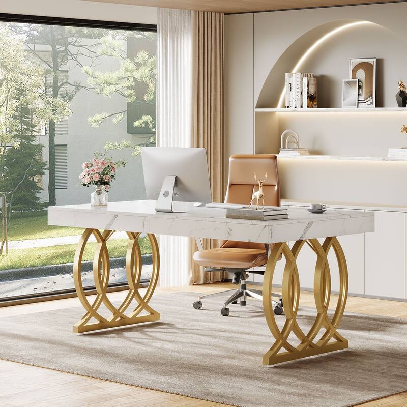 5FT Conference Table for 6, 63-Inch Modern Meeting Table for Office, White and Gold - 63" L x 31.5" W x 29.5" H