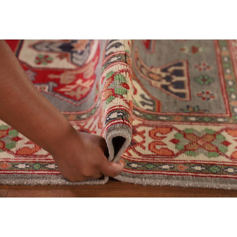 Gray Geometric Kazak Oriental Accent Rug Handmade Wool Carpet - 3'4"x 4'10"