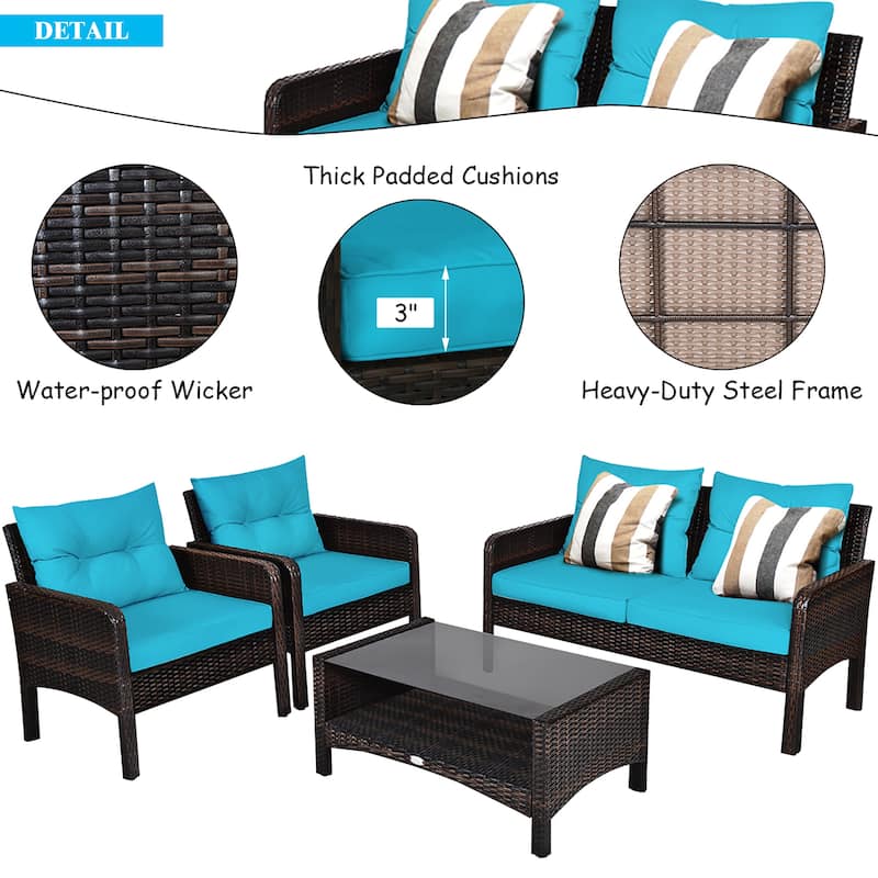 Costway 4PCS Patio Rattan Furniture Set Loveseat Sofa Coffee Table - 28'' x26'' x29''