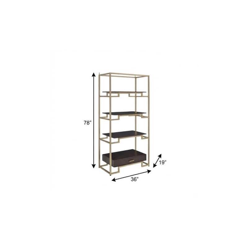 HomeRoots 78" Gold and Black Metal Four Tier Etagere Bookcase with a Drawer