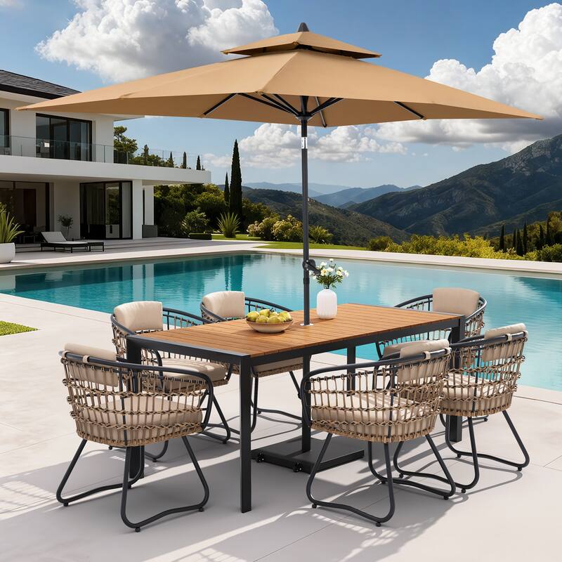 9-Piece Outdoor Patio Dining Set Wood Like Aluminum Umbrella Hole Table with Rattan Chairs, Market Umbrella and Wheel Base - BrownTable&BeigeChairs