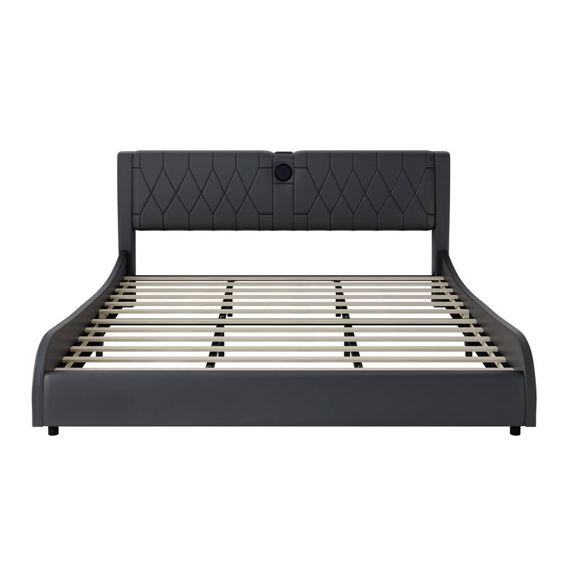 Faux Leather Upholstered Frame Platform Bed with Thickened Headboard Built-in Bluetooth Speakers, RGB LED Light Bed Frame