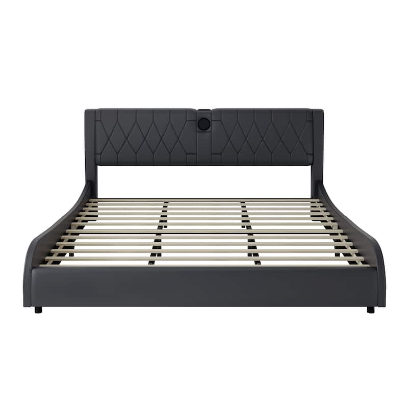 King Size Faux Leather Upholstered Platform Bed with RGB LED Lights, Bluetooth Speakers, Thickened Headboard