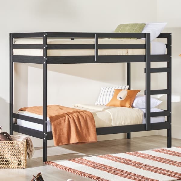 slide 2 of 10, Modern Simple Solid Wood Twin Over Twin Bunk Bed Black