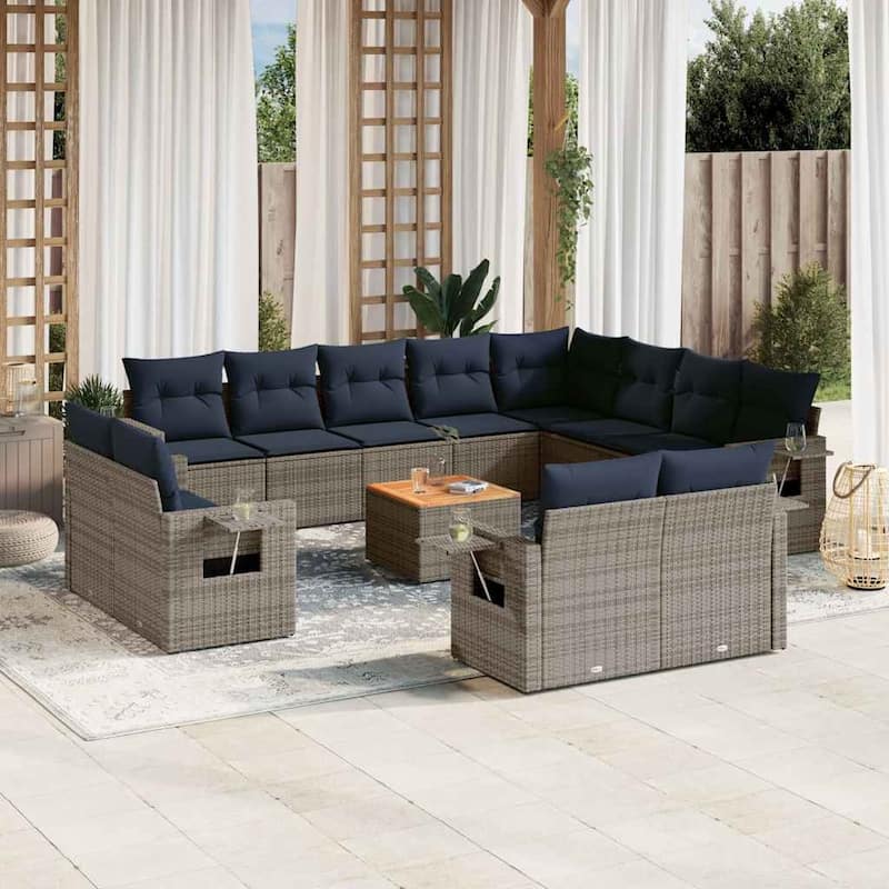 vidaXL 13 Piece Patio Sofa Set with Cushions Black Poly Rattan - 24.4" x 24.4" x 27.2" - Grey and blue