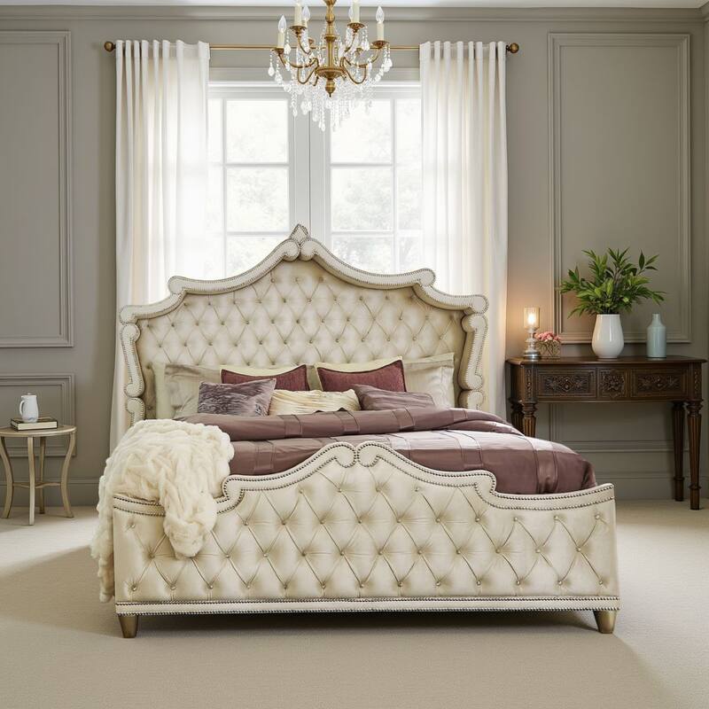 Lino Wood Queen Bed, Opulent Tufted Velvet Upholstery, French Carved, Ivory
