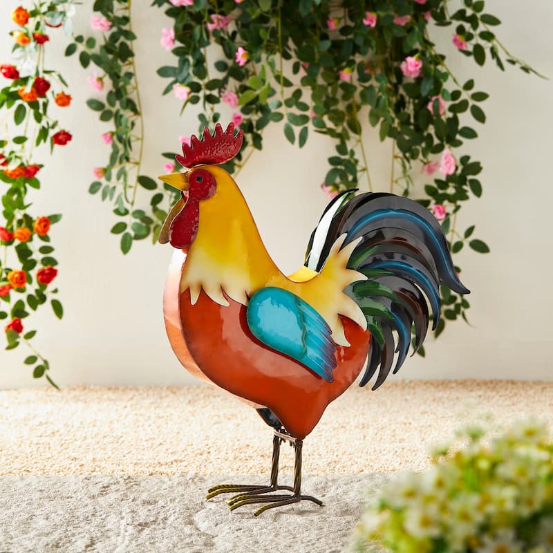 21"H Metal 3D Vibrant Standing Rooster Garden Statue by Glitzhome