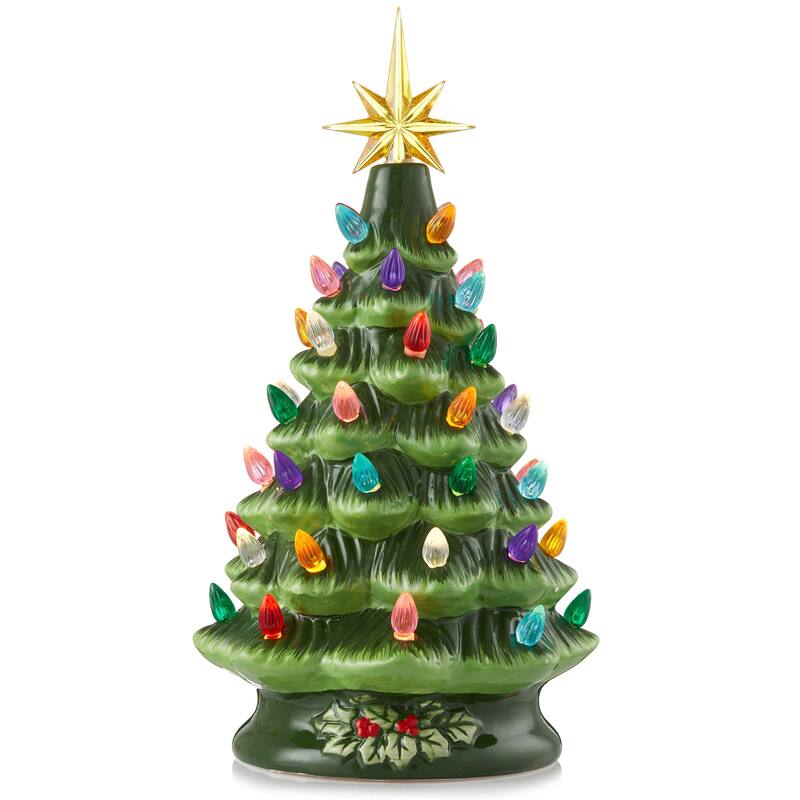 12in Hand Painted Ceramic Christmas Tree PreLit Tree with Star