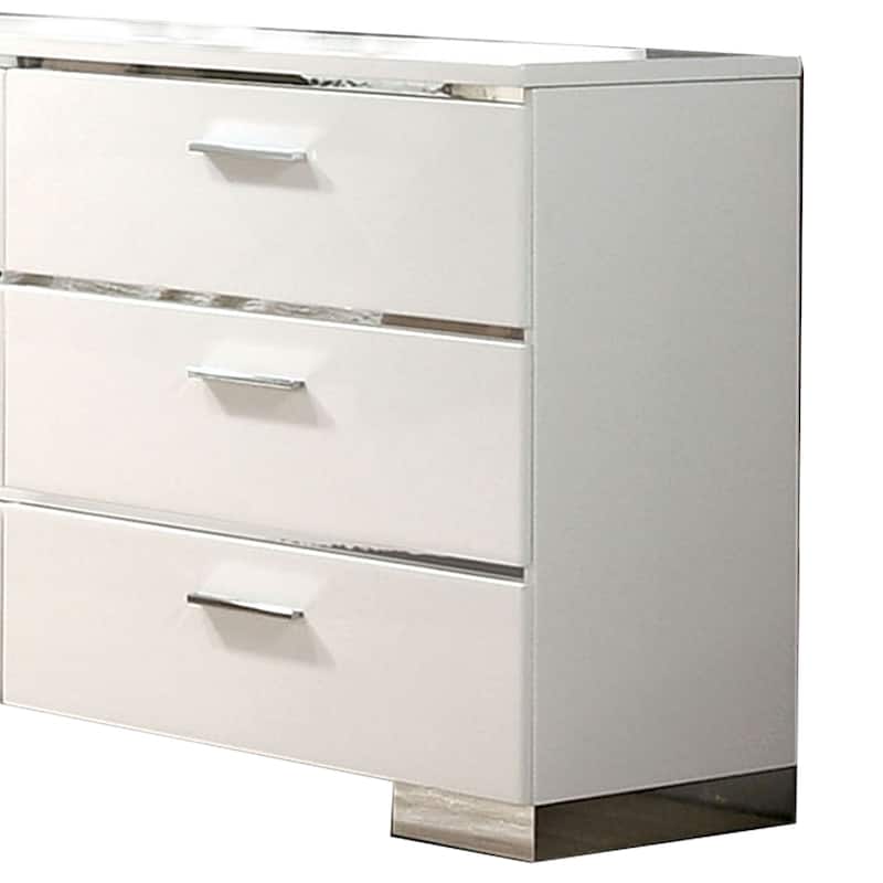 Wood and Metal Dresser with 6 Drawers and Block Leg, White and Silver