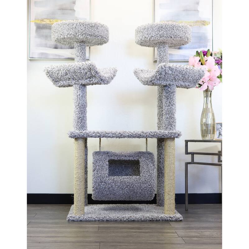 Multi-Level Solid Wood Swing Cat Tree with Plush Carpet Beds, Sisal Rope Posts and a Hanging Swing Perch for Playful Cats