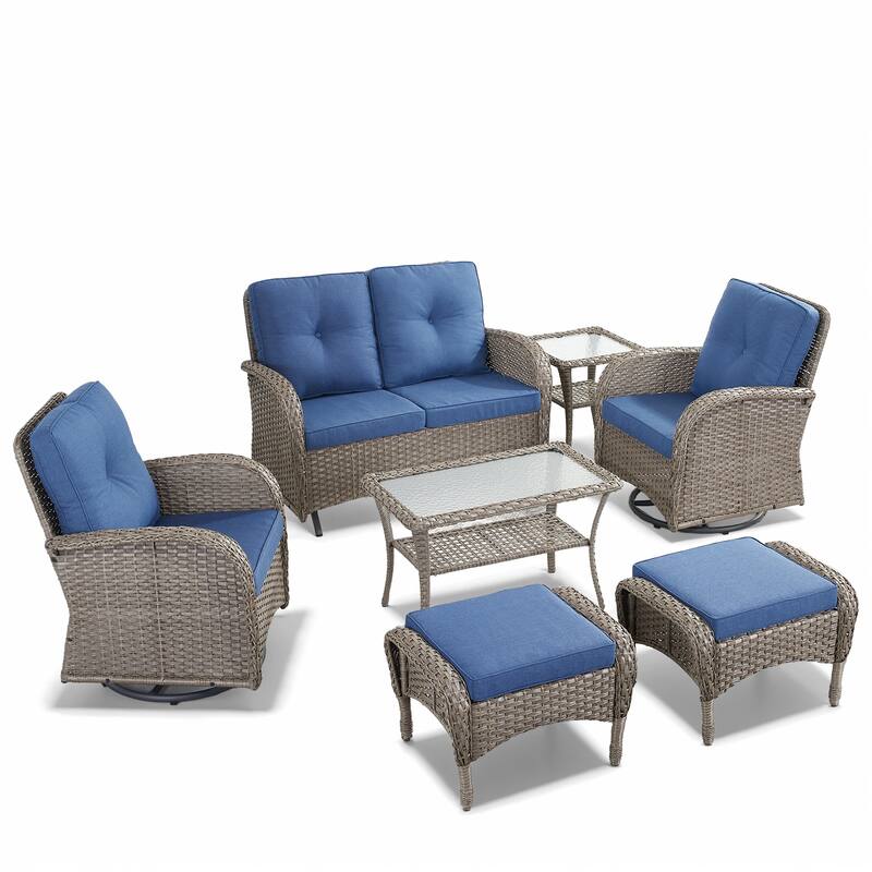 Outdoor Glider Sofa with Swivel Chairs Ottoamns and Table