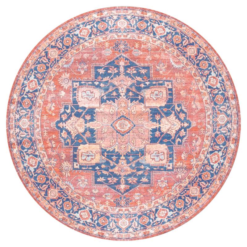 JONATHAN Y Marrakesh Ornate Medallion Machine Washable Area Rug - 5' Round - Terracotta/Navy