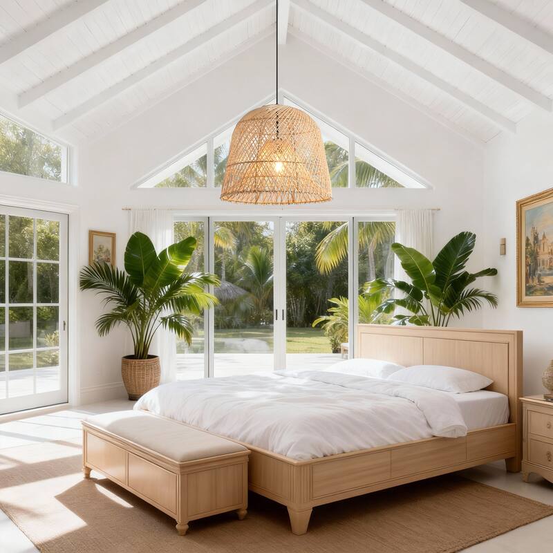 1-Light Coastal Retro Brown Rattan Hand-Woven Cloche Hanging Basket Pendant Light - 14.9" W x 59" H