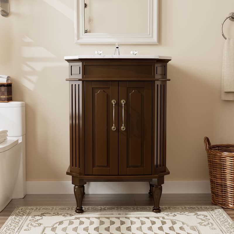 Elegant 24-Inch European Bathroom Vanity with Gold Accents and Marble-Style Sink